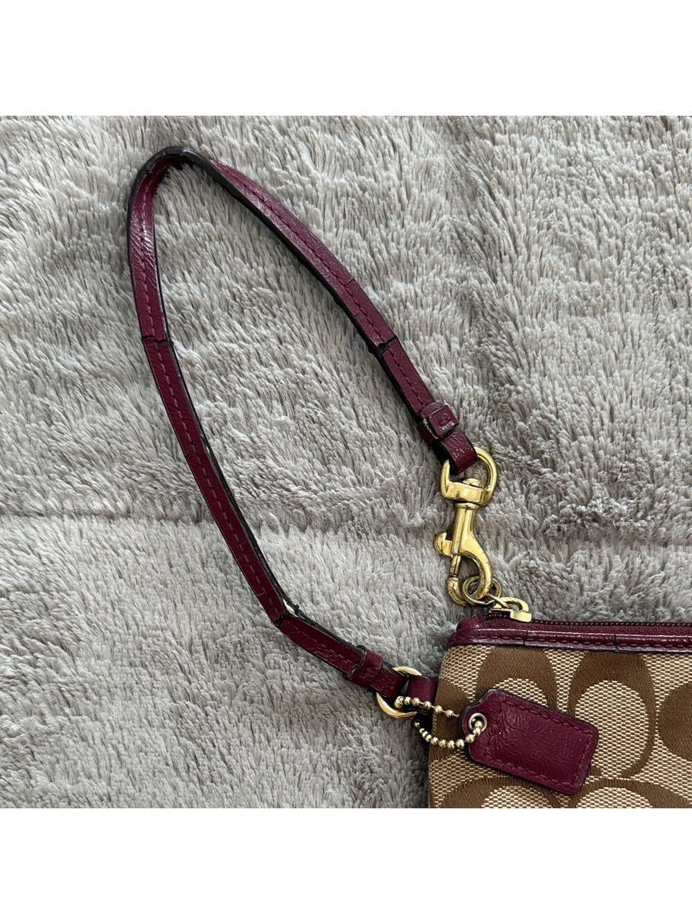 Coach Khaki/Brown Signature Canvas Wristlet with Burgundy Stripe - Picture 2 of 5